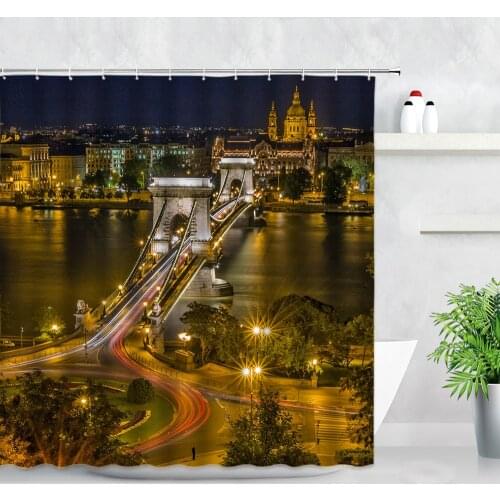 City Night View Shower Curtains Budapest Chain Bridge Ancient Building Scenery Print Waterproof Cloth Bathroom Decor Curtain Set