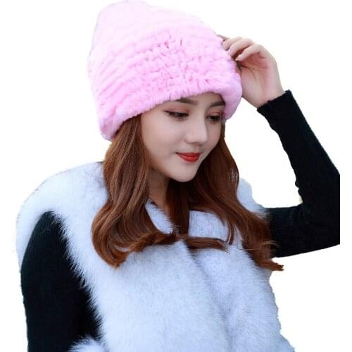 Women Real Rex Rabbit Fur Winter Skullies Beanies Cap With Fox Fur Ball Double Sides Tight Knit High Elastic