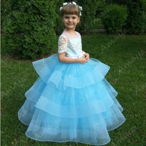 Amaya Sky Blue Short Sleeves Flower Girls Dresses Lace Appliques Vestido de Fiesta Niña Pageant Communion Birthday Gowns