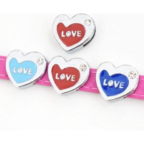 10PCS 8mm Crystal LOVE Heart Slide Charms Slide Beads DIY Accessories For 8mm Bracelets For Wristbands Straps Pet Name Collar
