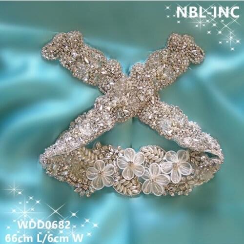 30pcs)Wholesale bridal sash hand beaded silver clear crystal rhinestone appliques IRON ON for wedding dresses WDD0682