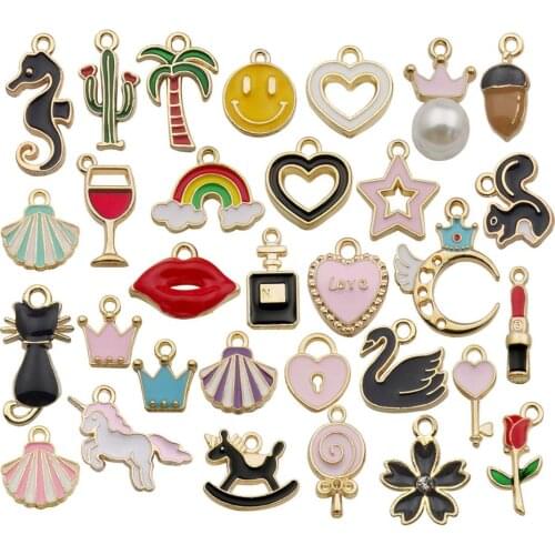 30pcs Assorted Enamel Plated Animals Fruit Moon Star Dainty Dangle Charm For Necklace Bracelet Jewelry Making M300