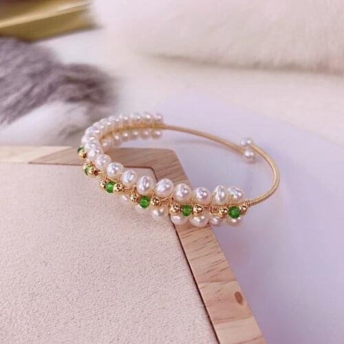 Free shipping high quality real natural pearl green small crystal beads gold adjustable length handmade stretch bracelet gift