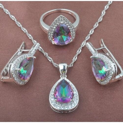 Water Drop Multicolor Rainbow Zirconia Jewelry Sets For Women Wedding Silver Color Ring Necklace And Earrings Set TZ0587
