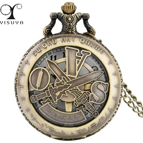 Hollow Bronze Swords Display Necklace Pocket Watch Quartz Movement Retro Anime Fashion Pendant Clock Gifts Men Women