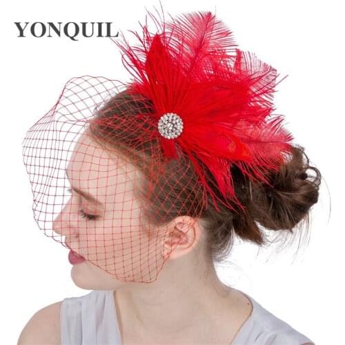Classic Red Mesh Wedding Headwear Feather Fancy Fascinator Bridal Bair Accessories Mariage Women Elegant Headdress Hair Pin