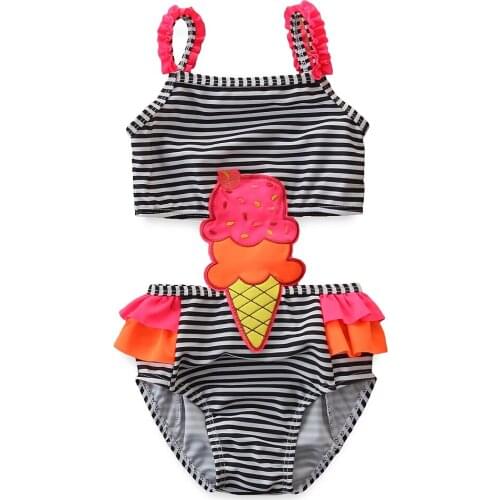2-7Y Summer Infant Baby Girls Swimwear Striped Ice Cream Print Sleeveless Jumpsuits Beachwear
