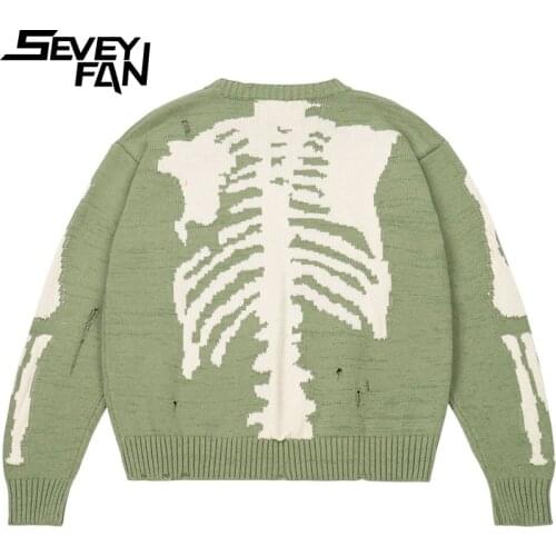 SEVEYFAN Mens Hip Hop Sweaters Skull Skeleton Hole O Neck Kintwear Streetwear Loose Pullover Sweater for Couples