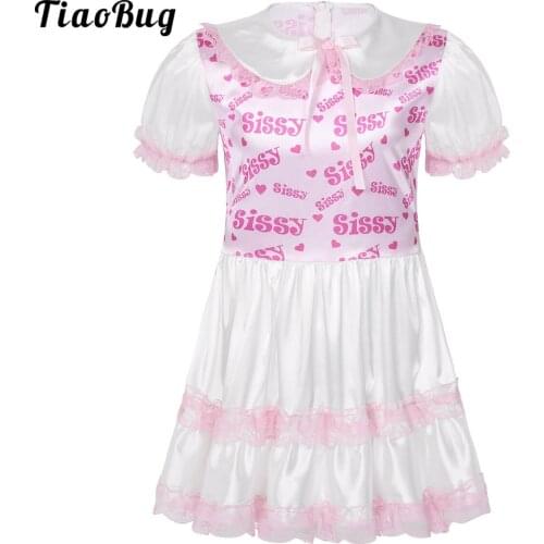 TiaoBug Men Sissy Silky Satin Doll Collar Short Puff Sleeves Printed Bodice Lace Trimmed Ruffled Dress Adult Dresser Costume