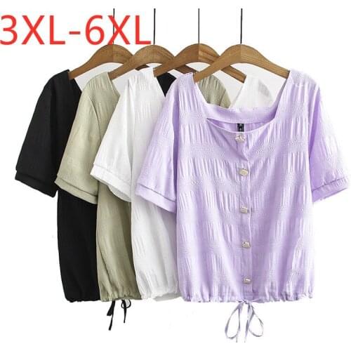 New 2021 Ladies Summer Plus Size Tops For Women Large Short Sleeve Loose Casual Button White Square Collar Shirt 3XL 4XL 5XL 6XL