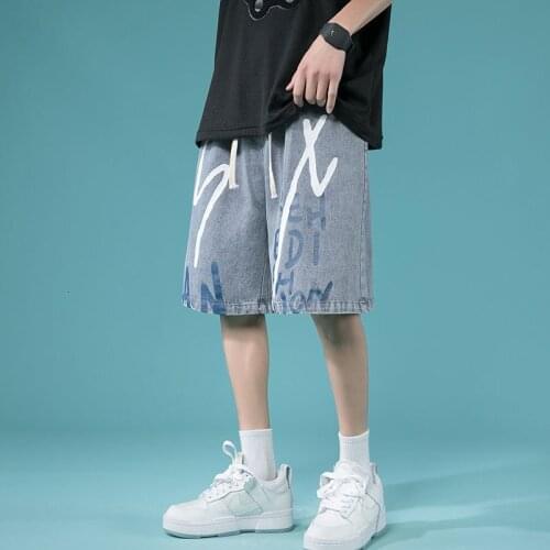 Printed Graffiti Jeans Thin Blue/black Wide-leg Straight Shorts Plus Size Loose Washed Oversize Overalls Casual Denim Pants