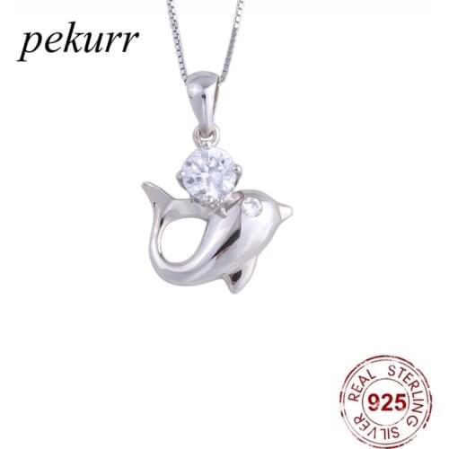 Pekurr 925 Sterling Silver Big Crystal Dolphin Necklaces For Women Zircon Elegant Whale Pendants Wedding Fashion Jewelry