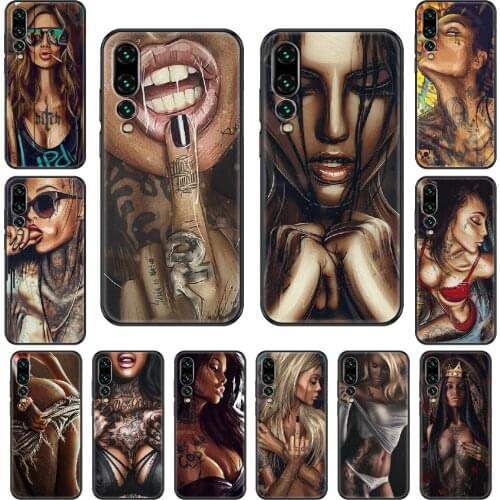 Sexy Sleeve Tattoo Girl Phone case For Huawei P 8 10 20 30 Smart Plus 2019 Z Lite Pro 2017 2019 black trend Etui soft bumper