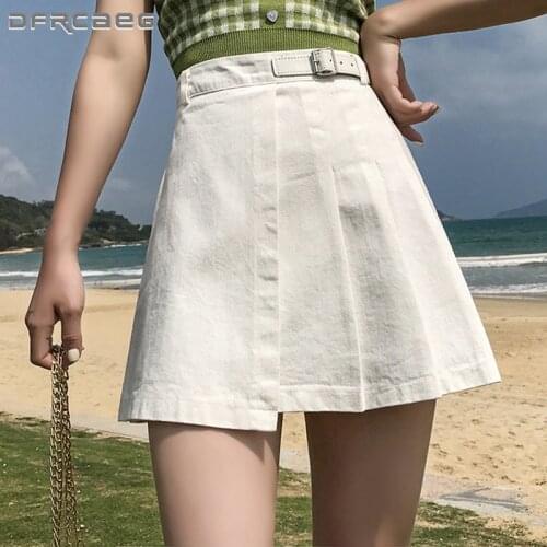 Rose Red Denim Jeans Pleated Women Skirts With Buckle High Waist 2021 Summer Streetwear Korean Vintage Short Skirt Femme