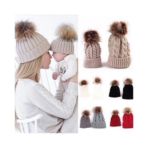 2Pcs Lovely Parent-child Hat Baby Girls Boys Hats Women Mother Hat Warm Winter Knit Fur Crochet Pompon Winter Caps