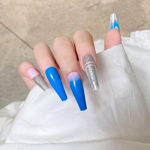 False nails stickers Long Blue Silver Wern Nail tips Finished stickers nail art 24 Pcs With Glue Comfortable and Portable WD