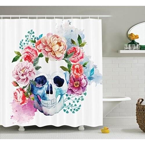 Skulls Shower Curtain Funny Skull with Colorful Floral Head Victorian Style Dead Skeleton Graphic Art Print Bathroom Curtains