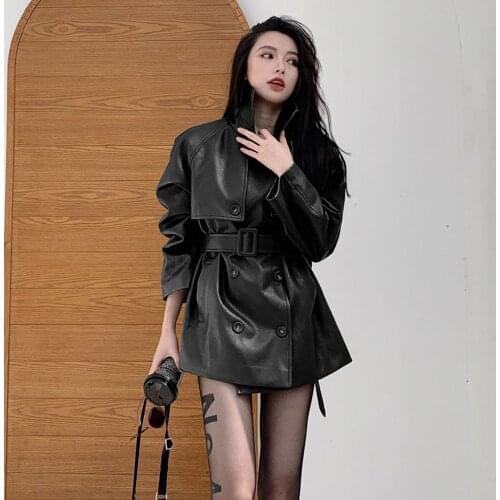 Women Plus Size Casual Biker Coat Jaqueta Feminina Streetwear Autumn Double Breasted Mid-length Faux PU Leather With Belt Jacket