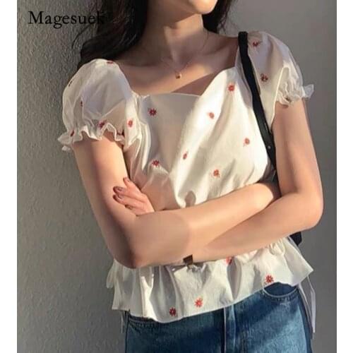 2021 Print Square Neck Embroidered Short Sleeve Tops Chic Summer Women Shirts for Women Casual Office Lady Shirt Blusa 14563