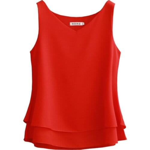 S-4XL New Womens Chiffon T-shirt Summer 2020 Casual All-match Solid color V-neck Sleeveless Loose Tops Tees Female Plus Size