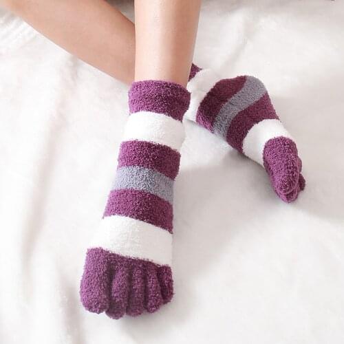 Womens Thick Crew Socks Winter Warm Coral Fleece Fluffy Toe Socks Striped Soft Cozy Hosiery Laides Girls Female Floor Slippers