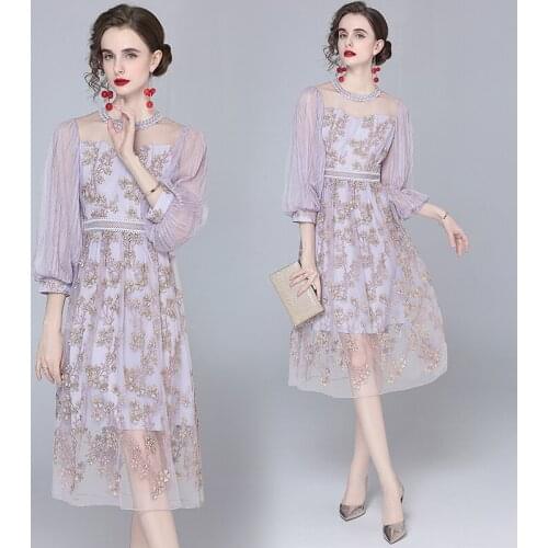 Summer Female Flower Embroidery Hollow Out Party Midi Vestido Fairy Lace Patchwork Lantern Sleeves See-Through Mesh Dress 8221