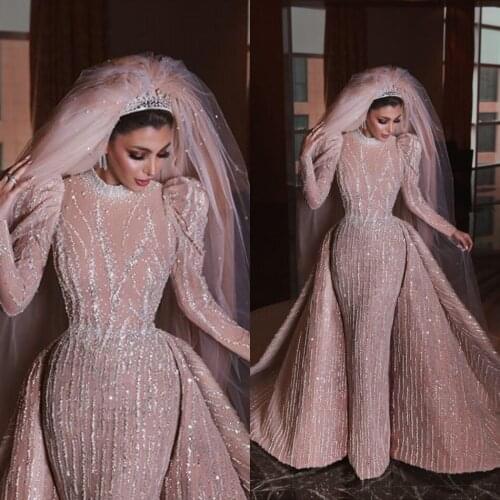 2020 Luxury Arabic Mermaid Wedding Dresses With Detachable Train Beading Long Sleeve Bridal Gowns High Neck Vestidos De Novia