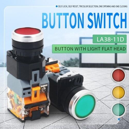 1pcs Button switch self-locking start power switch self-returning jog button 22MM with LED light 12V24V220V Red/green/blue/white