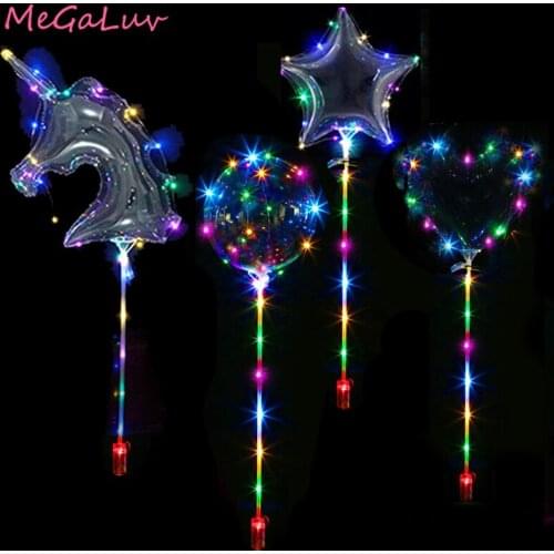 20inch Unicorn/Stars/Heart/Round Shape Luminous Bobo Led Balloon With Sticks Birthday Party Supplies Clear LED Light BoBo Ballon