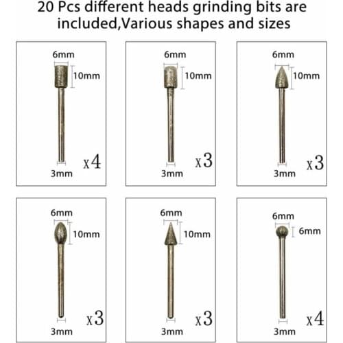 20PC 120Grit Diamond Grinding Head Electroplated Diamond Burr Set Drill Bit Set Rotary Grinding Tool Dremel Drill Rotary Tool