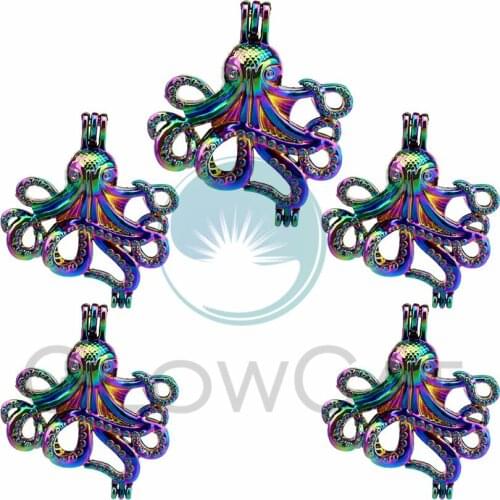 5X Rainbow Octopus Pearl Cage Locket Essential Oil Diffuser Necklace Charms for Oyster Pearl DIY Earring Pendant