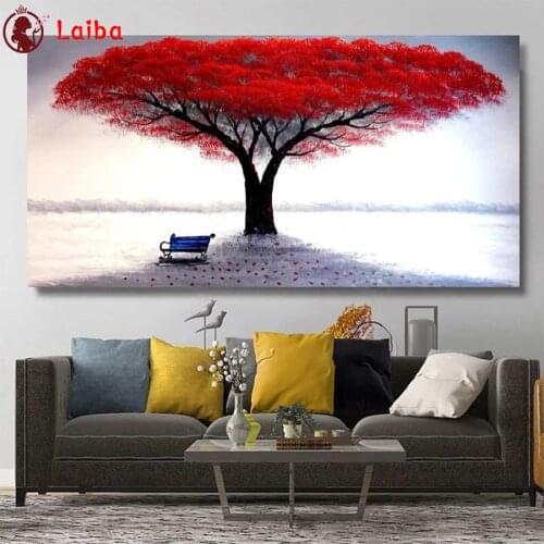 Diamond Embroidery Abstract art, red big tree, chair Diamond Painting Full Square round drill Mosaic Cross Stitch Wall Art