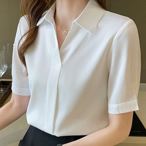 Blouses Femme Short Sleeve Women Tops Blouse Women Blusas Mujer De Moda 2021 Turn Down Collar Chiffon White Blouse Shirt E689
