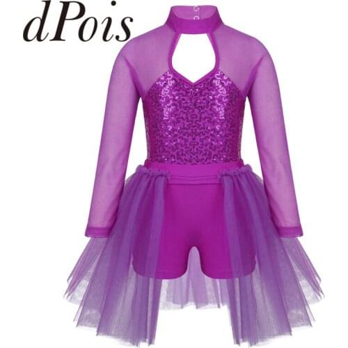 Kids Girls Tulle Long Sleeves Shiny Sequins Cutout Back Lyrical Contemporary Dance Costume Ballet Leotard Jumpsuit Tutu Dress