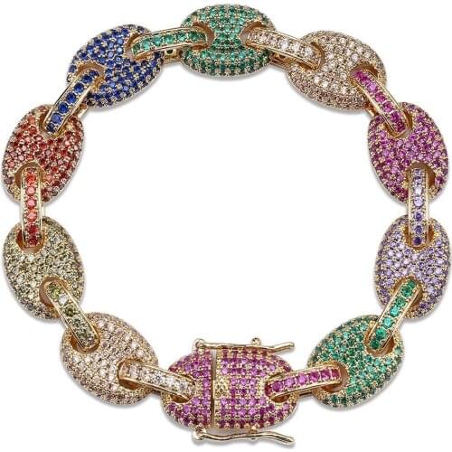 Hip Hop Rock Jewelry Rainbow Zircon Bracelets Gold Silver Plated Iced Out Puff Marine Anchpr Chain Link Bracelets 7 8 inch