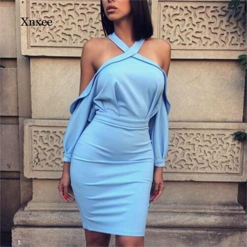 Light Blue Short Mini Cocktail Dresses Straight Halter Backless Fashion Party Dress with Sleeves Homecoming Gown Clothing
