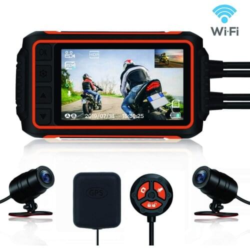 Motorcycle Dash Cam, Anti-Shake Waterproof Camera, 1080P Dual Lens, with GPS WiFi 150° Wide Angle Night Vision Recording,4'' LC