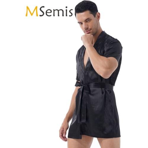 Mens See-Through Floral Lace Loungewear Patchwork Back Homewear Lounge Sleepwear with Belt Satin Kimono Night-robe Nightwear
