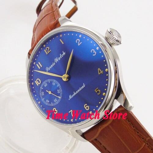 44mm Parnis Royal blue dial gold hands marks 17 jewels mechanical 6497 hand winding mens watch men 395