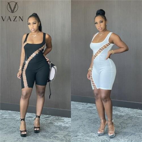 VAZN 2021 New Arrival Cross Bandage Open Hollow Out Hole High Street Sexy Young Tank Sleeve High Waist Women Skinny Playsuits
