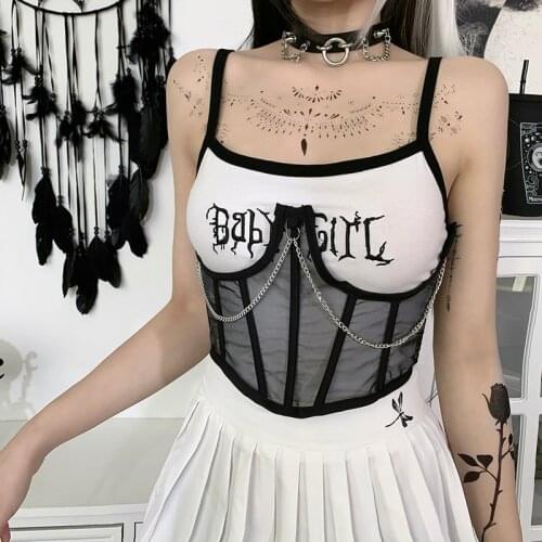 New Punk Metal Chain Black Corset Mall Goth Vintage Mesh See Through Waist Shaper Corsets High Waist Corsets Harajuku