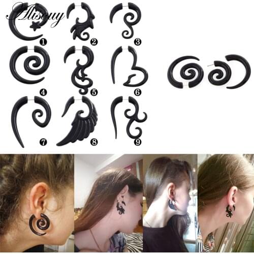 Alisouy wholesale price 1 pair Acrylic Black Fake Spiral Ear Taper Gauges Twist Expanders Earring Cheater Piercing Body Jewelry