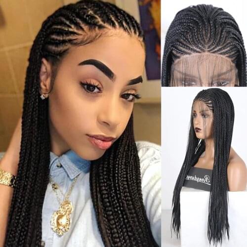 RONGDUOYI Black Hair Cosplay Wigs High Temperature Fiber Synthetic Lace Front Wig Long Braided Box Braids Lace Wigs for Women
