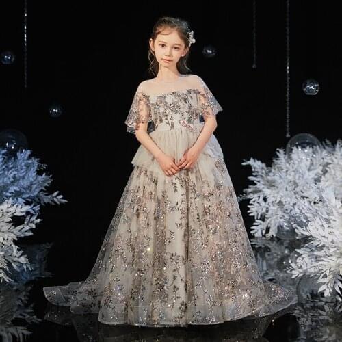 Flower Girls Dresses Princess O-Neck Sequined Appliques Crystal Ball Gown Floor-Length Tiered Embroidery Kids Party Dress D249