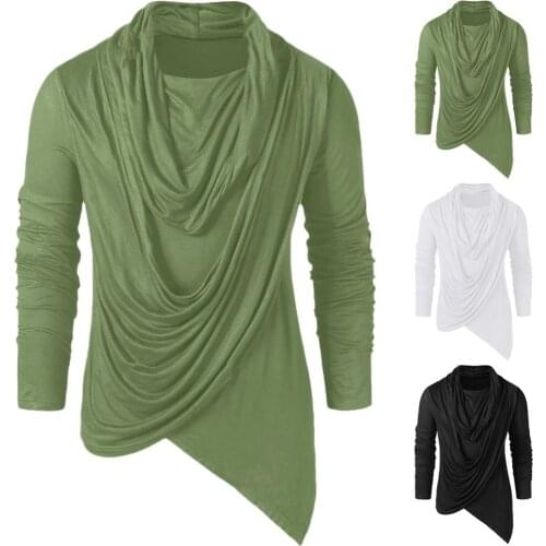 Asymmetric Pile Heap Collar Shirt Daily Wear Regular Length Autumn Solid Long Sleeve Tops Shirts Men Winter Vintage