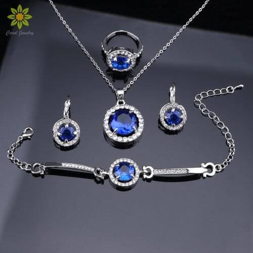 Bridal Costume Jewelry Sets With Natural Stone CZ Blue Necklace Earrings Bracelet And Ring For Women Jewelry