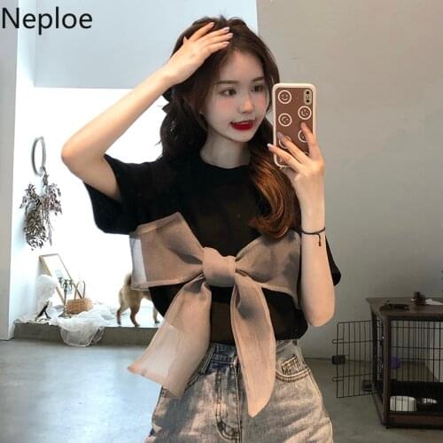 Neploe White Short-sleeve Shirt Women 2021 Summer Fashion Organza Bowknot Patchwork Tees Korean Loose O Neck Tshirt Tops Female