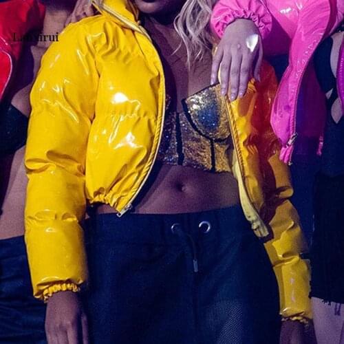 Crop Bubble Puffer Winter Jacket Coats Faux Patent Leather Warm Long Sleeve Women Outerwear Zipper Casual Solid Parkas