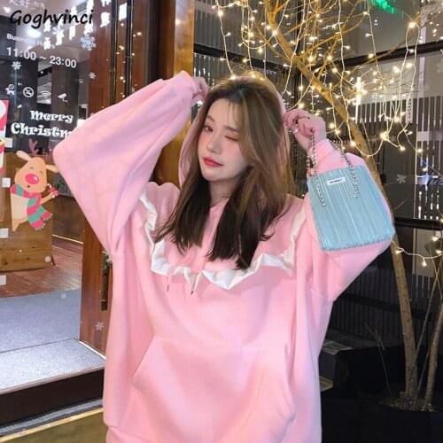 With Hat Hoodies Women Ruffles Front Pocket Patchwork Sweatshirts Female Designer Cute Chic Sweet Loose Plus Velvet Tops Leisure