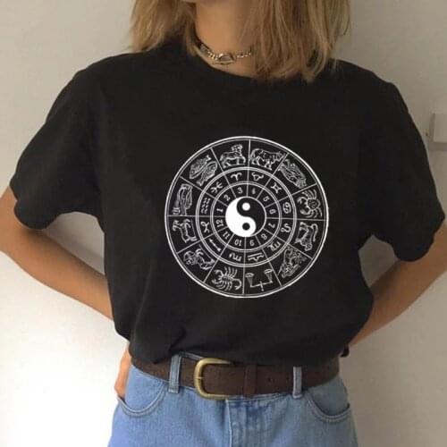 Kuakuayu HJN Yin Yang Zodiac Sign Women Vintage TShirt Summer Astrology Horoscope Constellation Tee Shirt Short Sleeve Oversized